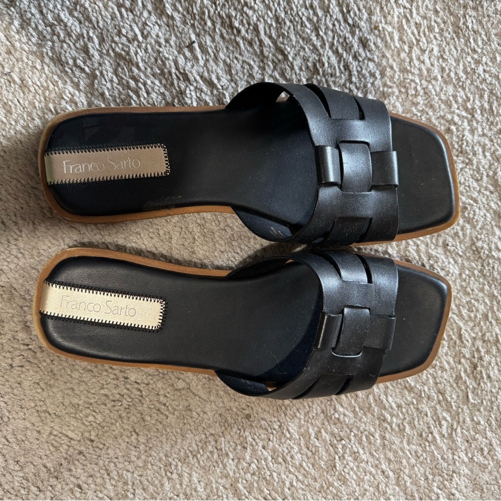 Franco Sarto Black Woven Leather Slides